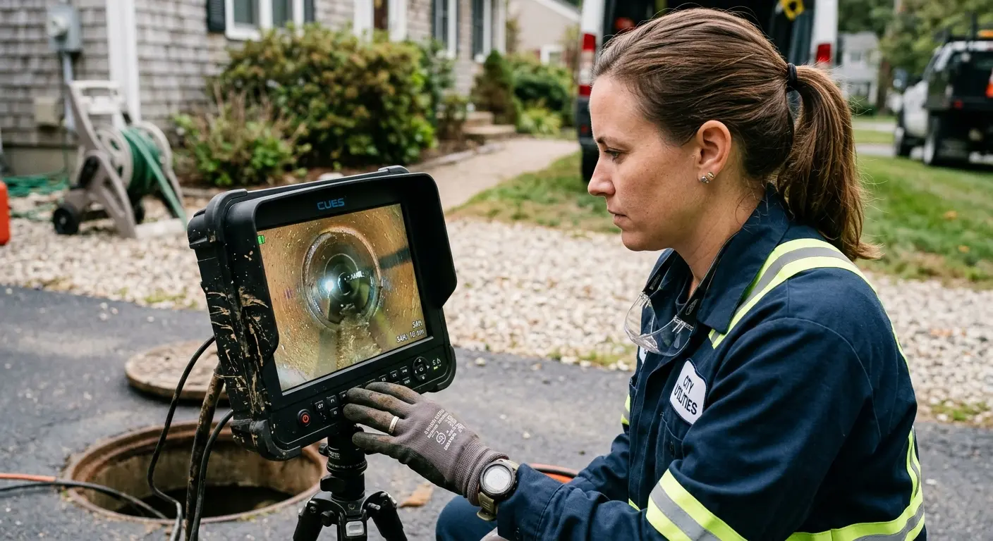 Technician reviewing sewer camera inspection footage in Guntersville