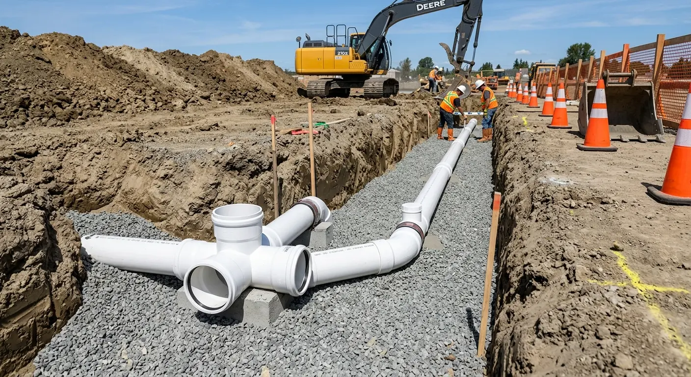 New PVC sewer pipe installation in open trench for Sewer Backup in Guntersville