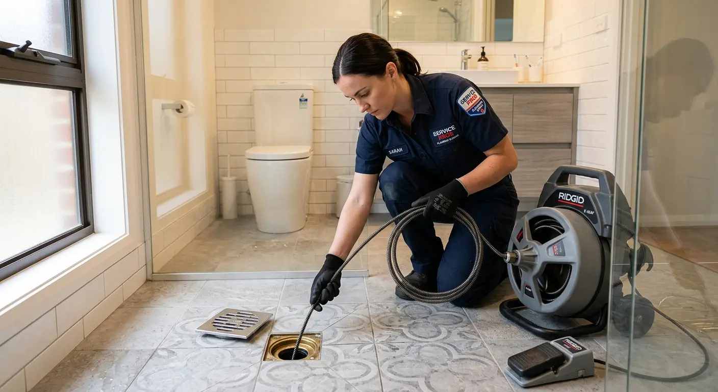 Technician clearing a bathroom floor drain for Sewer Line Installation in Guntersville